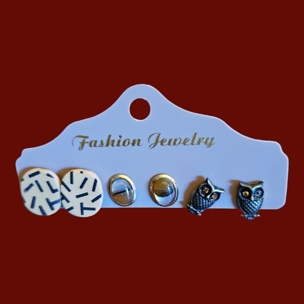 3/$30 Three Pair Wood Owl Two-tone Glass Cabochon Oval Post Earrings